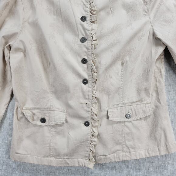 Chico's Womens Jacket Size 1 Beige Mock Neck Button Up Ruffled Trim Long Sleeve - Picture 2 of 16